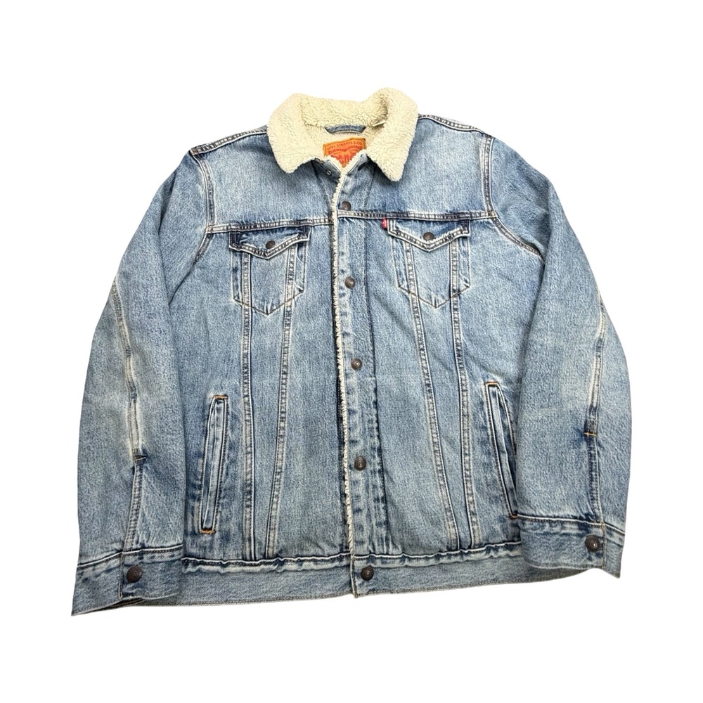 Levis Sherpa Trucker Jacket Mens XXL Light Wash Denim Lined Western